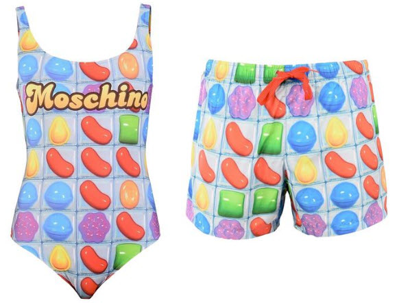 Moschino Candy Crush swimsuit and swimming trunks